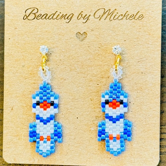 Handmade Cute Blue Jay Bird Miyuki Glass Seed Beaded Earrings, Brick Stitch Gift - Picture 2 of 5
